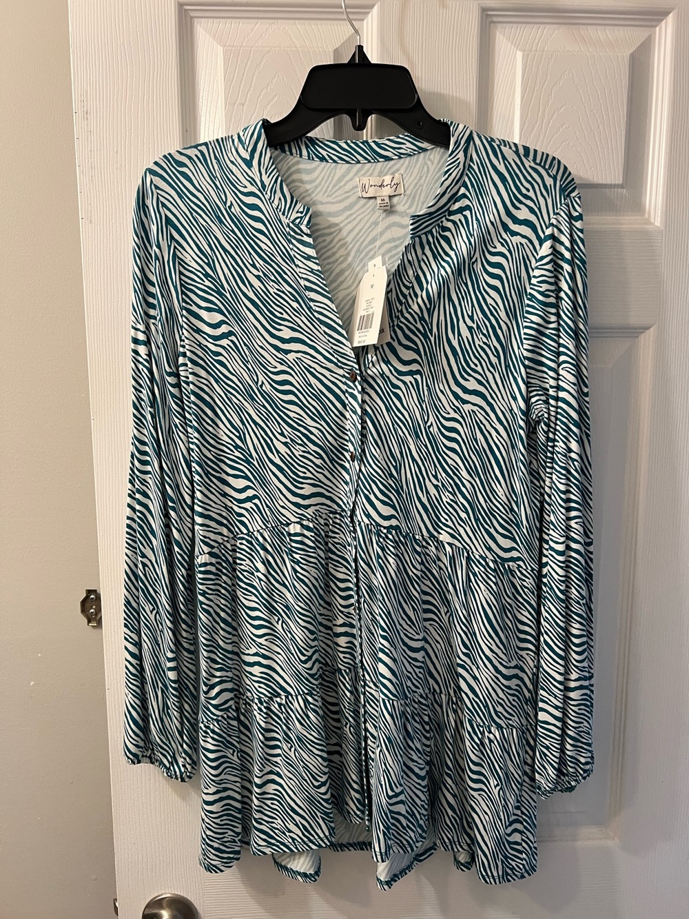 Wonderly Teal and White Zebra-Print Long-Sleeve Tunic